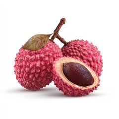 Three ripe, textured lychee fruits, one cut open revealing the seed, with leaf