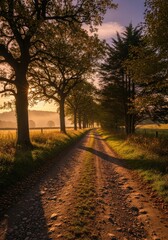Sun drenched rural dirt road lined with mature trees and fields bathed in warm golden hour light casting long shadows evoking a sense of peaceful journey and natural beauty