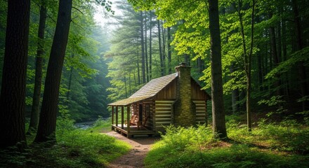 Rustic wooden log cabin nestled deep within a lush green forest with sunlight streaming through the trees creating a serene and peaceful atmosphere evoking a sense of solitude