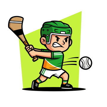 Dynamic Hurling Player Mascot Icon - Cartoon Kid Hitting Sliotar with Hurley Stick. Irish Gaelic Sports Game Vector Illustration.