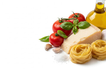 Italian cooking ingredients on table with pasta, cheese, tomatoes and olive oil