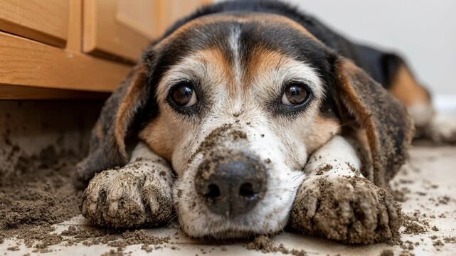 A muddy senior beagle lies on a tiled kitchen floor with a guilty and tired facial expression.