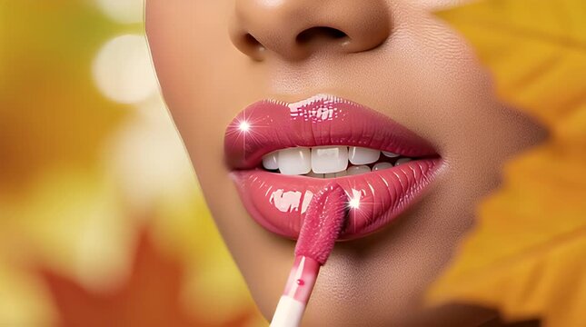 Close up of a woman applying high shine pink lip gloss with an applicator for a perfect plump and glossy autumnal makeup look.