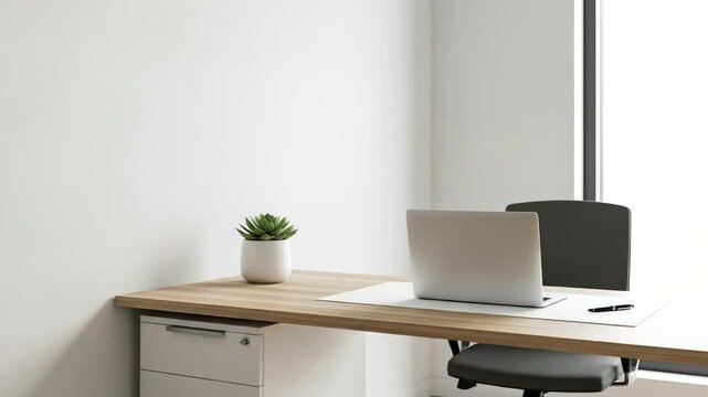 Modern Office Space with Laptop and Plant on Desk.