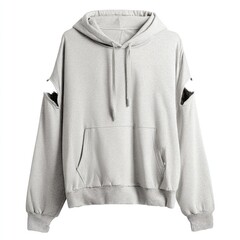 Oversized light gray hoodie with cut-out shoulders and a kangaroo pocket, isolated