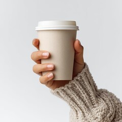 A hand, in a sweater sleeve, holds a light-colored paper cup with a white lid