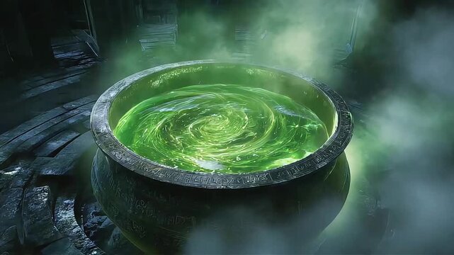 A magical cauldron with swirling green liquid evokes mystery and enchantment, perfect for fantasy-themed content.