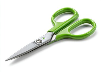 Obraz premium A pair of scissors with green handles and shiny silver blades, casting a shadow