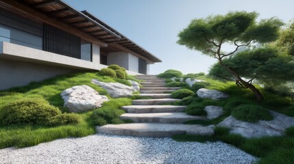 Serene Pathway Leading to Modern Japanese-Inspired House Surrounded by Lush Greenery and Tranquil Natural Elements