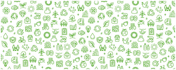 エコ・サステナブル手描きSDGsシームレス背景（グリーンラインアート）