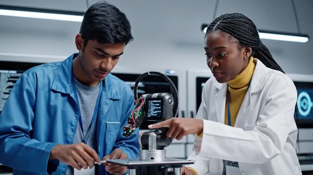 Focused diverse students programming a robotic arm in a high-tech laboratory for future robotics engineering concept and educational research