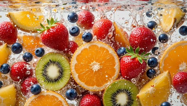 &ldquo;Fresh mixed fruits splashing in clear water, strawberries, oranges, kiwi, blueberries and pineapple slices underwater, crystal clear bubbles, vibrant natural colors, high-speed photography."