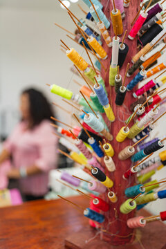 Colorful threads in a sewing workshop