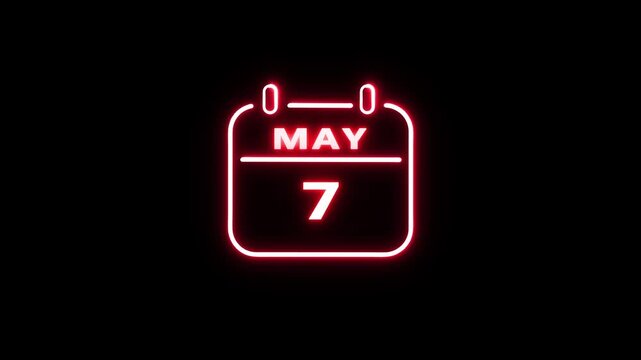 Glowing calendar date animation. Neon calendar on black background.  Day 7 neon text animation, calendar counter concept.