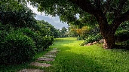 Obraz premium Lush Green Pathway Through Vibrant Garden with Towering Trees and Soft Grass Under Clear Blue Sky in Peaceful Scenic Landscape