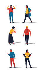 Fototapeta premium Diverse individuals in modern daily life concept, engaging in various activities illustrating contemporary human experiences and dynamic interactions through flat design