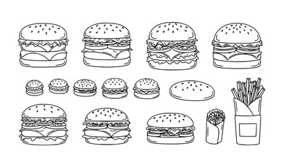Hand Drawn Hamburger Icon Set Vector Minimal Outline Fast Food Collection