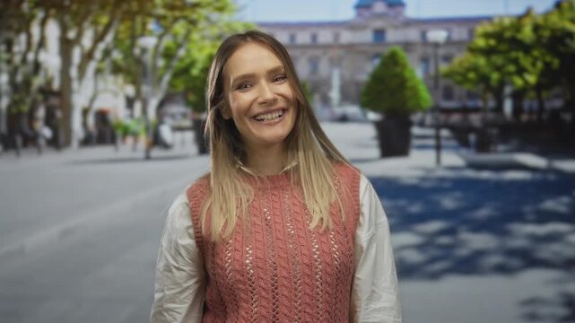 Woman smiling on a sunny city street pointing at her smile wearing a knitted vest showing happiness and joy in an outdoor urban setting.