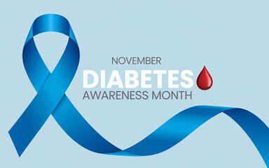 Blue diabetes awareness ribbon with red blood drop for November Diabetes Awareness Month campaign design template