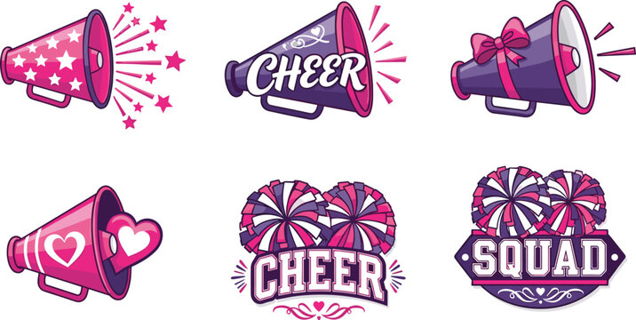 Colorful cheerleading illustrations, megaphones, pom-poms, team spirit design, sports enthusiasm artwork, cheer squad vector, vibrant graphic art, stock image, celebration