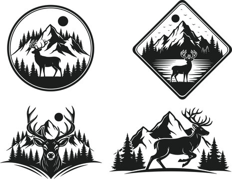 Deer silhouette illustration, mountain forest landscape, wildlife vector art, black and white design, nature adventure artwork, outdoor scenery, majestic antlers