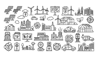 Eco City Green Energy Linear Vector Illustration Sustainable Urban Design Icons