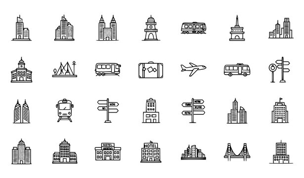 Thin Line Travel and City Icon Set Vector Premium Outline Pictogram Collection