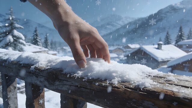 First person view of hands touching fresh snow with a serene mountain landscape in winter, capturing peaceful seasonal atmosphere.