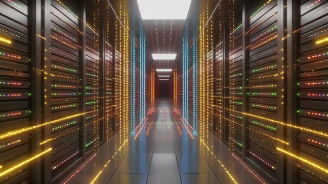 Modern data center server room with rows of illuminated server racks and sleek architecture.