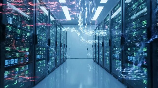 Data Connectivity Map A complex, glowing grid or web of connections overlaid onto a row of server racks, illustrating intricate data pathways and communication between different infrastructure