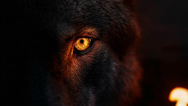 Intense Wolf Fire Eye Gaze in Darkness