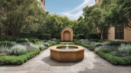 Fototapeta premium Serene Urban Garden Landscape with Fountain Surrounded by Lush Greenery and Flowering Plants under Clear Blue Sky in Contemporary Design