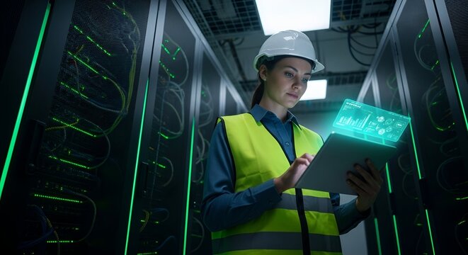 Woman in Safety Vest and Hard Hat Inspecting Server Racks Using Digital Tablet in Data Center