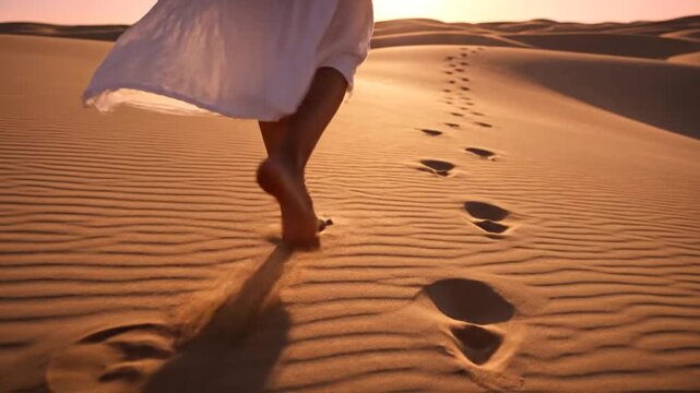 Person walking barefoot on sand dunes leaving footprints at golden hour sunset