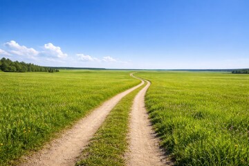 Winding Path through Nature's Embrace: An inviting dirt road meanders through a vast expanse of lush green field under a clear blue sky, inviting exploration and a journey into serenity. 