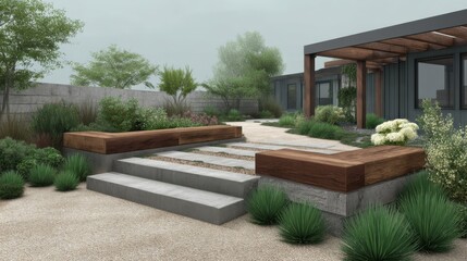 Modern Landscape Design with Stone Steps, Wooden Benches, and Lush Greenery in a Tranquil Outdoor Setting Under a Cloudy Sky
