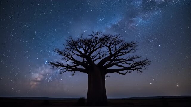 Silhouette of large tree against a night sky filled with stars and a galaxy