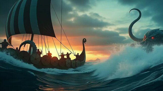An epic Viking ship sails through a stormy sea, battling a monstrous sea creature at sunset. A scene full of drama, with the ship facing a giant squid