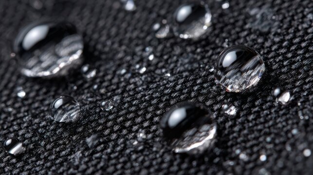 Crystal clear droplets sit on textured dark fabric, showcasing effective water repellency and durability, ideal for promoting outdoor gear, technical clothing, or protective materials.