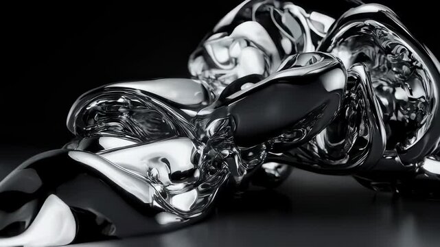 Gleaming liquid metal forms an abstract, amorphous sculpture on a dark surface