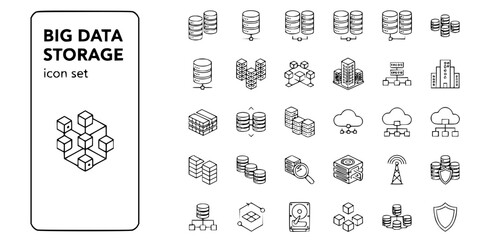 Naklejka premium Big Data Storage Thin Line Icons-Database Data Center Server Storage Hosting Infrastructure Cloud-Editable Stroke Vector Icon Set - Big Data Icons