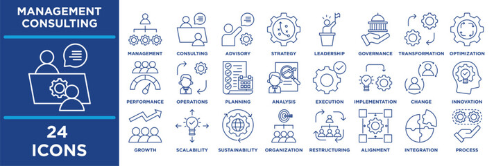 Management Consulting icon set featuring management, consulting, advisory, strategy, leadership, governance, transformation, optimization, performance, efficiency, operations. line blue