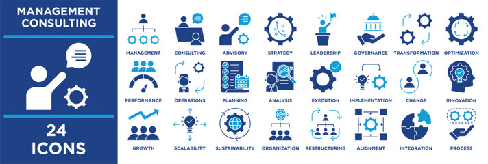 Management Consulting set illustrating planning, analysis, execution, implementation, change, innovation, growth, scalability, sustainability, organization. solid blue