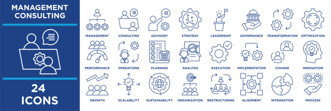 Management Consulting icon set featuring management, consulting, advisory, strategy, leadership, governance, transformation, optimization, performance, efficiency, operations. line blue