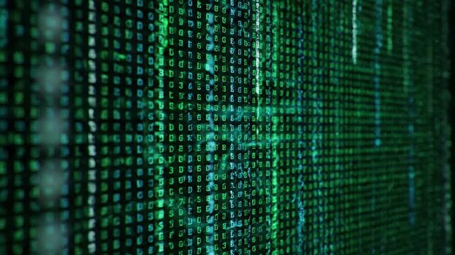 Cybersecurity Matrix Dark, green-tinted code lines resembling a secure, encrypted system or a defensive cybersecurity network, with data flowing securely.