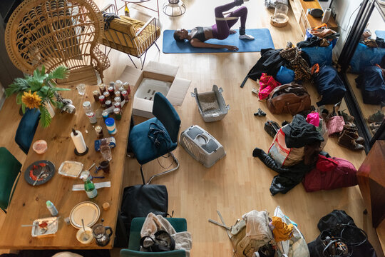Woman doing exercise while moving in 