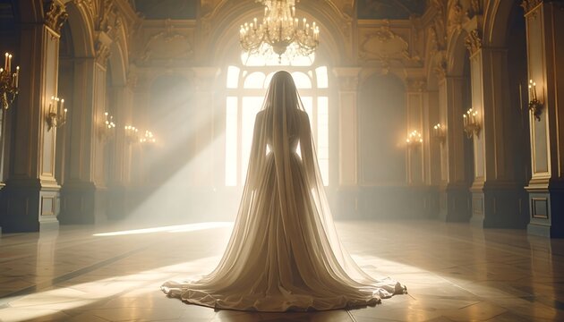 A figure in a flowing white gown stands facing a large window, bathed in sunlight in a grand, ornate ballroom