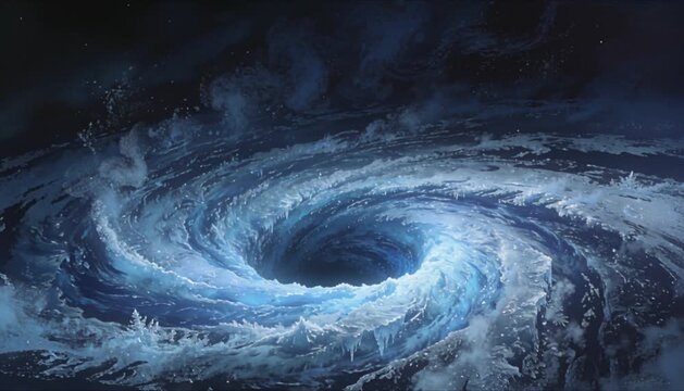 Bottom positioned circular polar vortex with icy blue swirling current for world meteorological day and arctic weather phenomena visualization