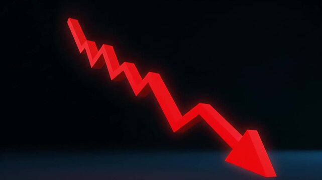 A downward trending red arrow icon on a dark background viewed from a straightforward perspective