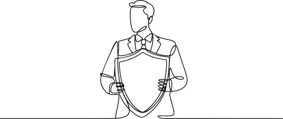 Continuous single one line drawing art of businessman holding shield protection security. one line art icon drawing vector